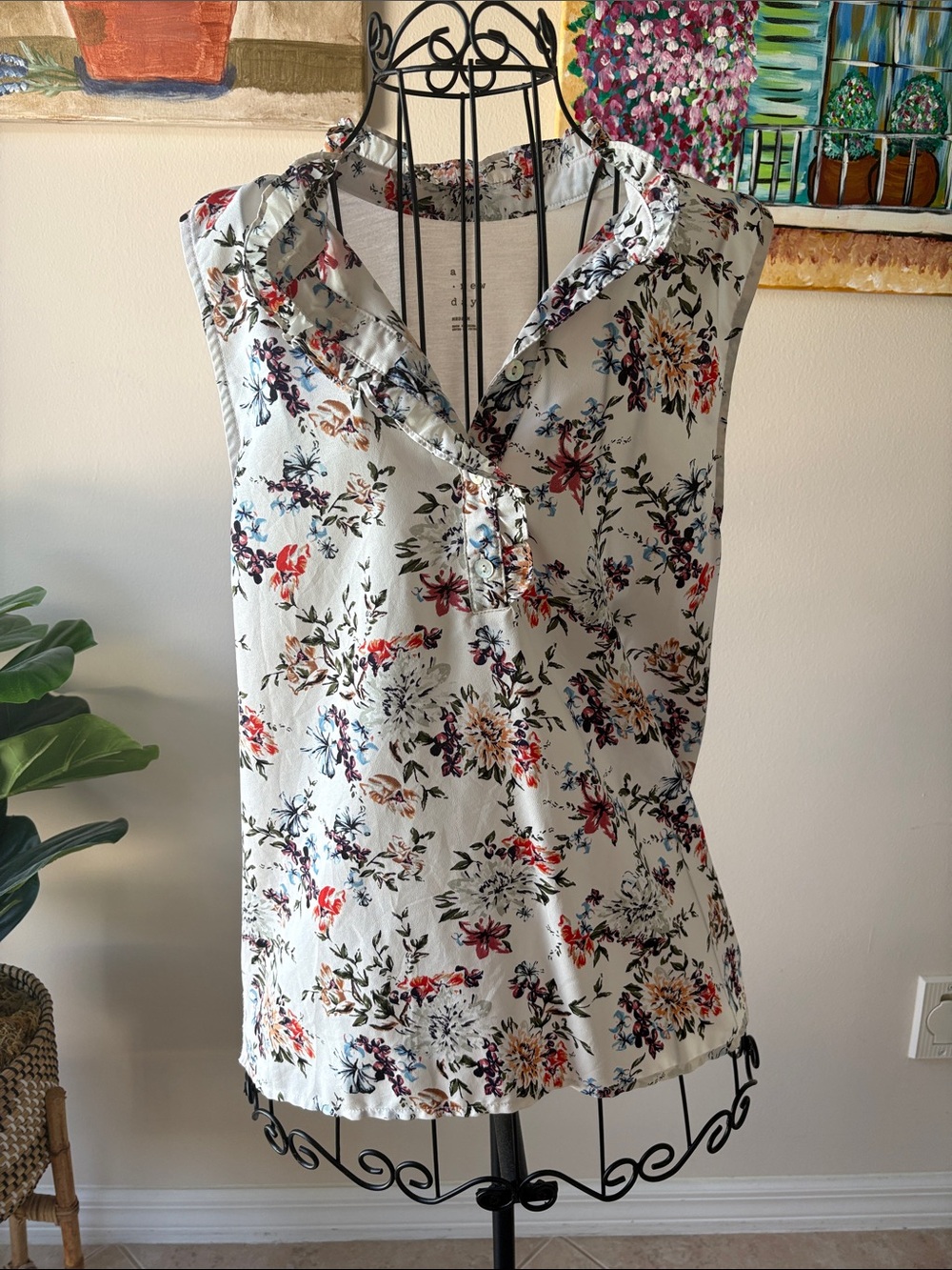 a new day Cream Floral Sleeveless V-Neck Shell with Multicolor Print
